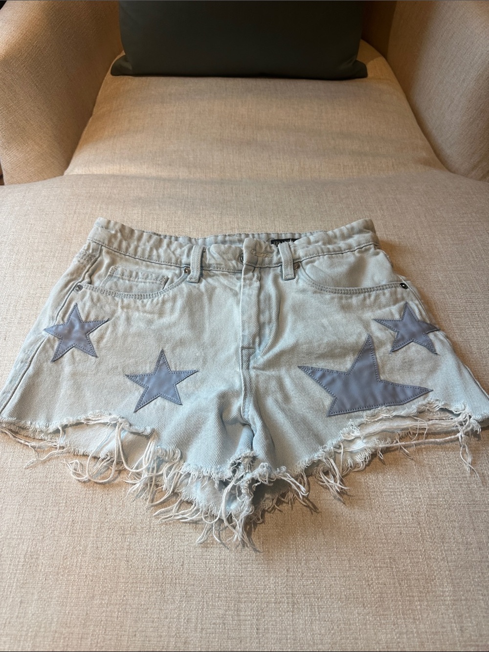Blank NYC Light Blue Star Patch Distressed Denim Shorts